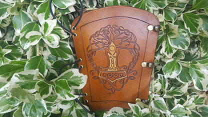 Handcrafted Leather Bracer - Tree of Life with Mjolnir