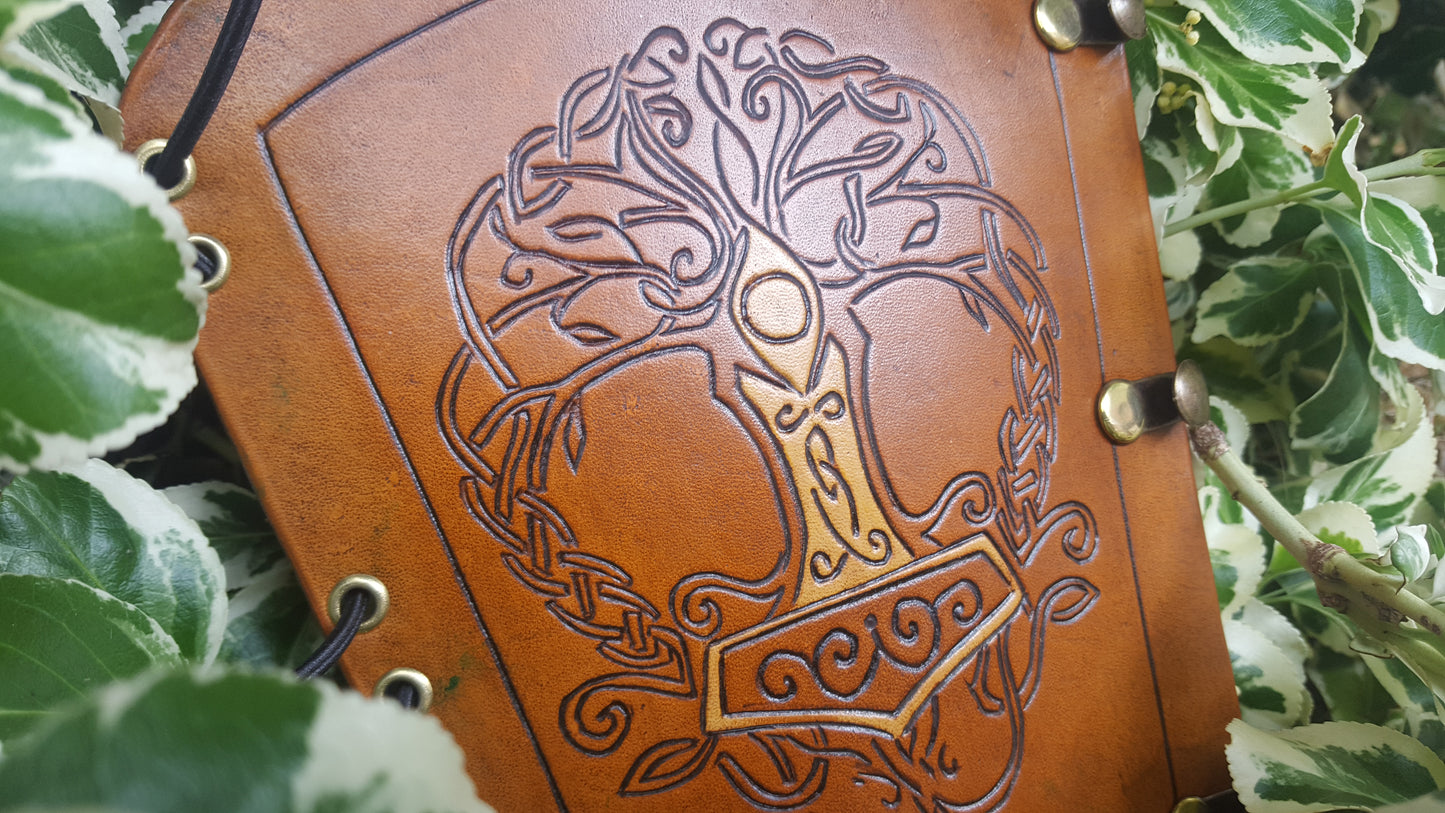 Handcrafted Leather Bracer - Tree of Life with Mjolnir