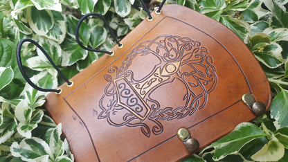 Handcrafted Leather Bracer - Tree of Life with Mjolnir