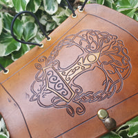 Handcrafted Leather Bracer - Tree of Life with Mjolnir