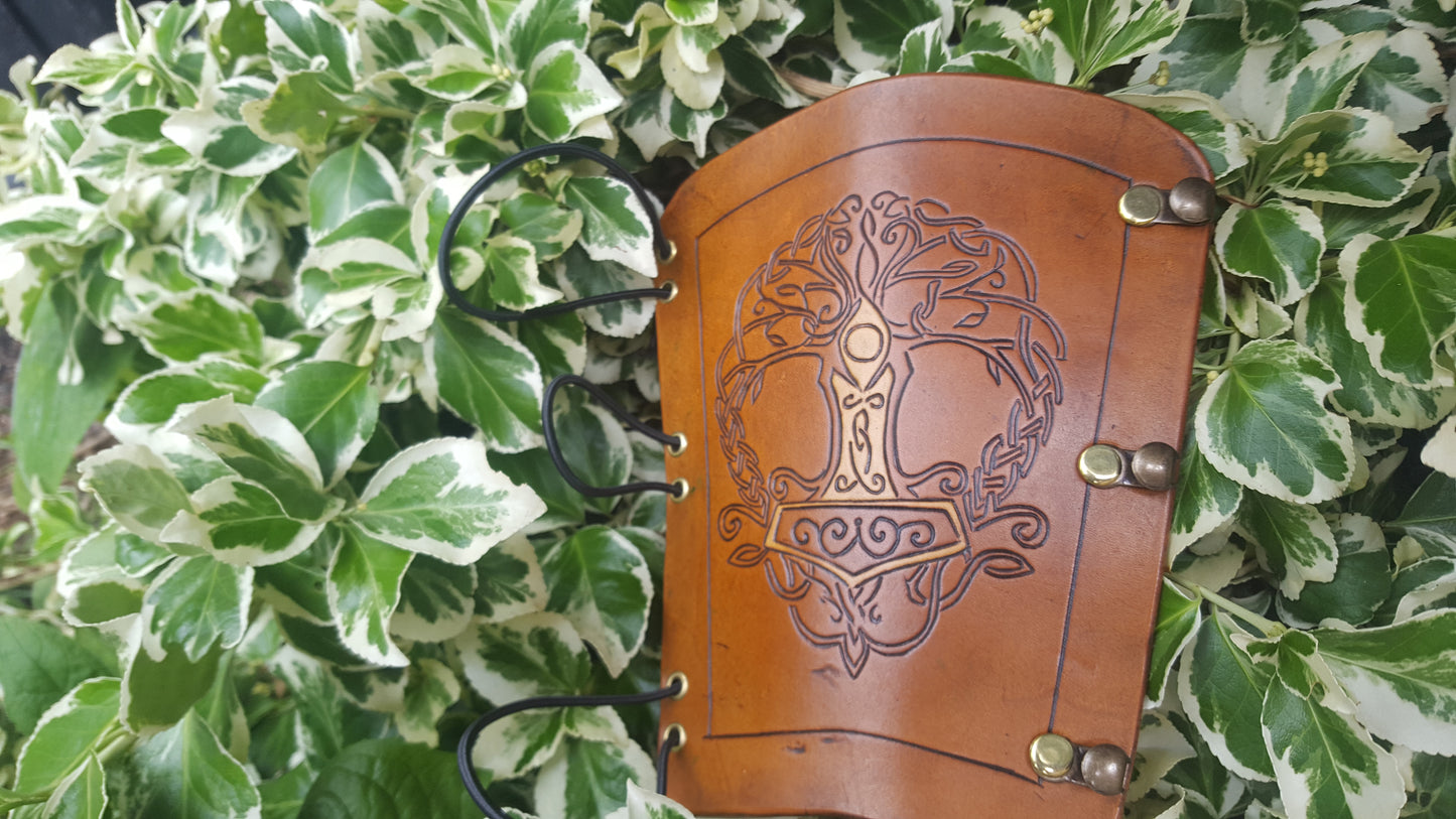 Handcrafted Leather Bracer - Tree of Life with Mjolnir