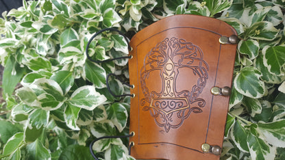 Handcrafted Leather Bracer - Tree of Life with Mjolnir