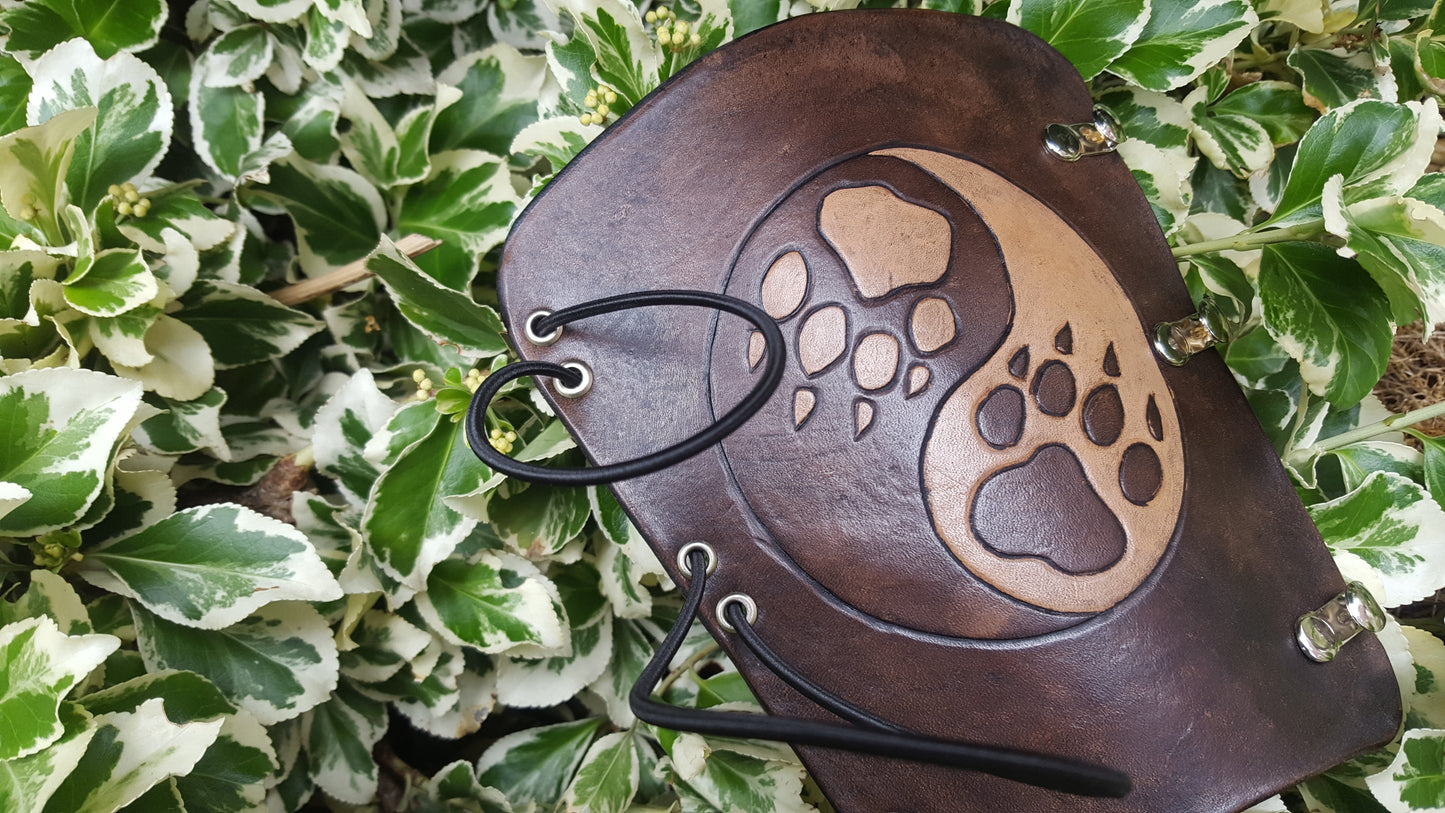 Handcrafted Leather Bracer - Ying Yang Wolf Prints