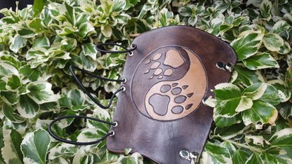 Handcrafted Leather Bracer - Ying Yang Wolf Prints