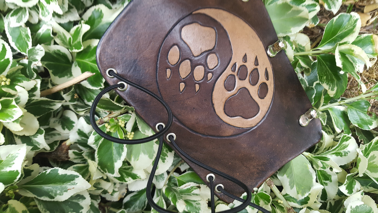 Handcrafted Leather Bracer - Ying Yang Wolf Prints