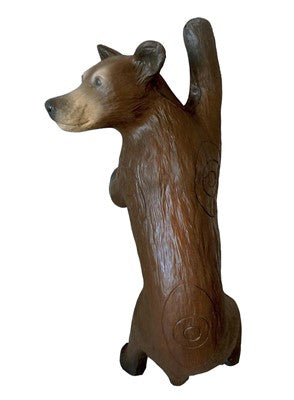 3D field archery target LG Leitold Gamut small climbing brown bear with straps shown mounted on a wooden pole to demonstrate target